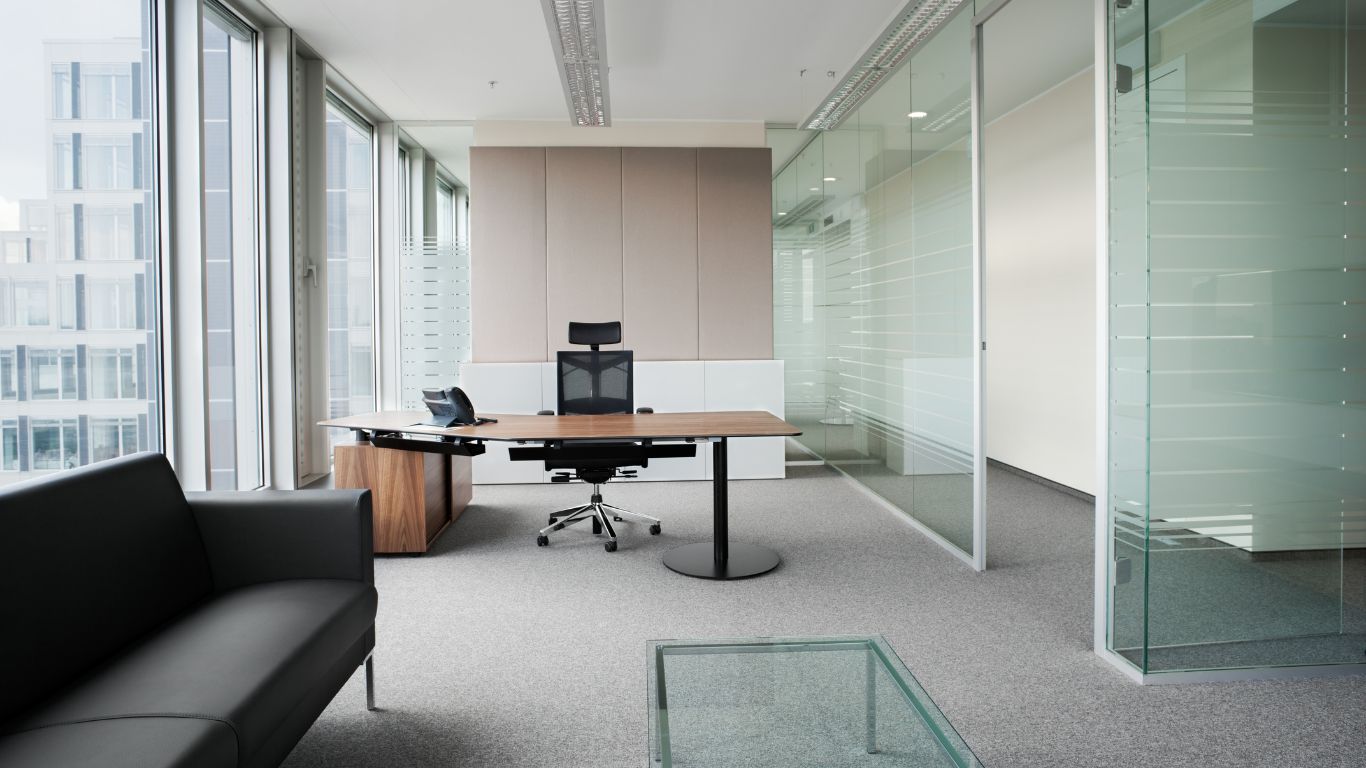 Modern office interior after damage requiring commercial restoration.