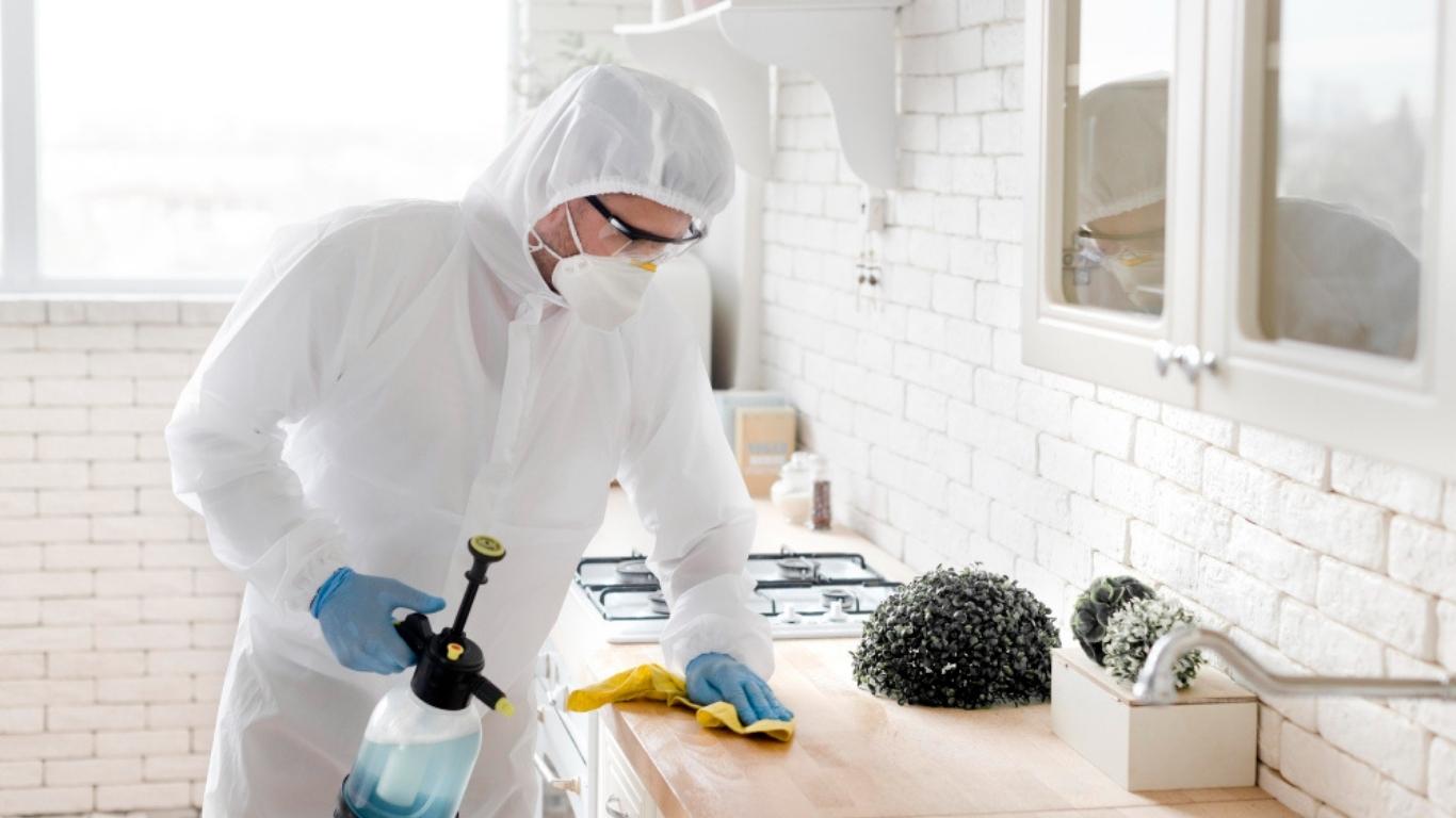 Professional odor removal service in Ann Arbor with cleaning specialist sanitizing kitchen surfaces.