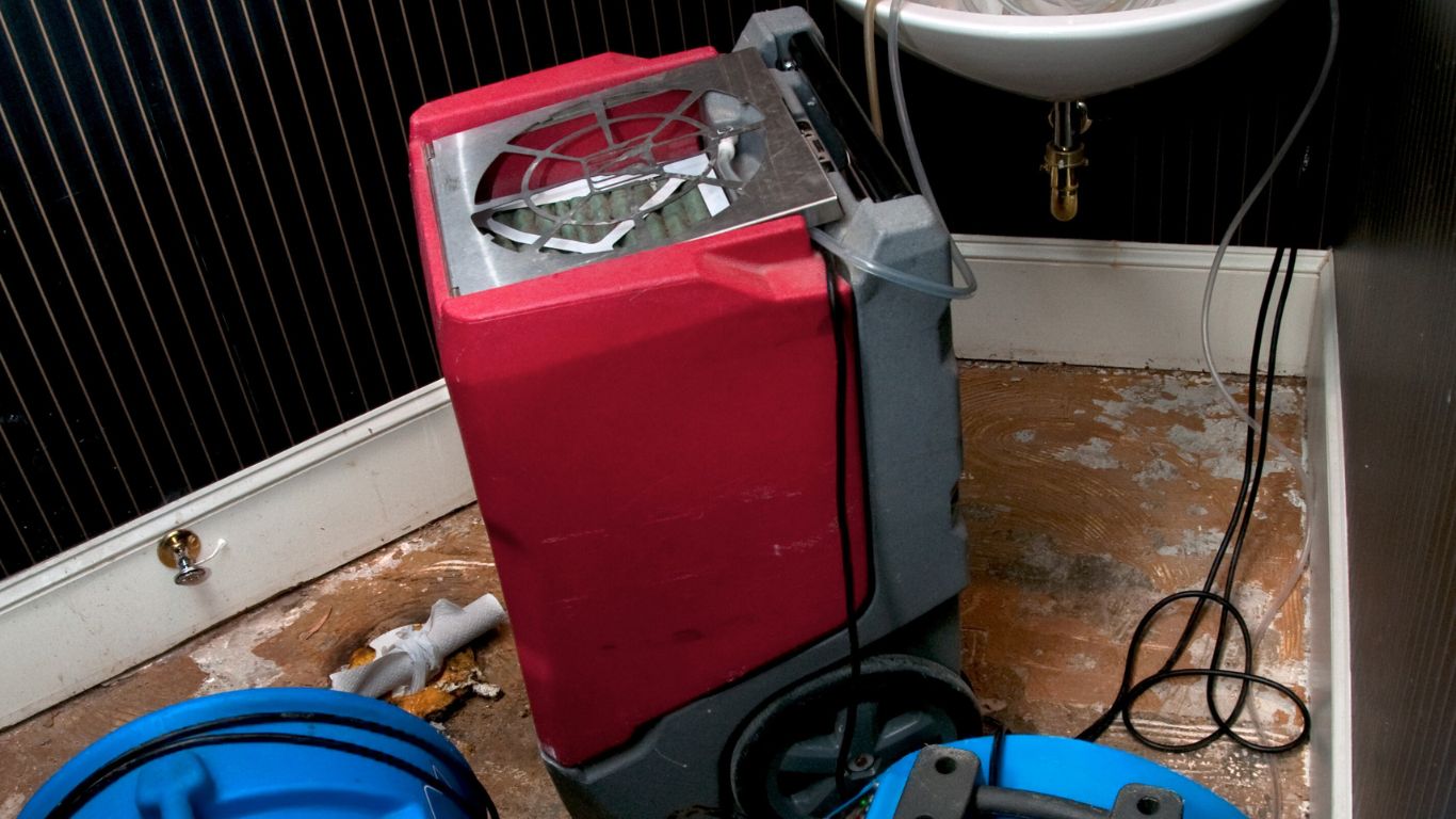 Sewage cleanup in Port Charlotte: Red equipment drying out a flooded area after sewage damage.