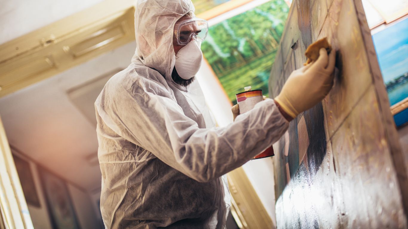 Keep Your Business Buzzing With Commercial Restoration That Works Commercial restoration expert working in protective gear to restore a property affected by mold damage.