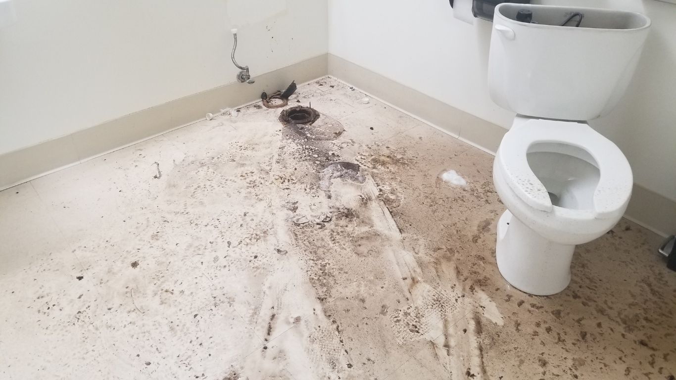 Bathroom contaminated by backup awaiting professional sewage cleanup and sanitation.