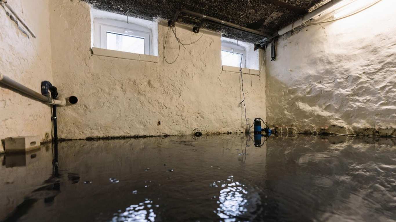Flooded basement in Boston requiring professional flood damage restoration, with standing water and visible pipe work.