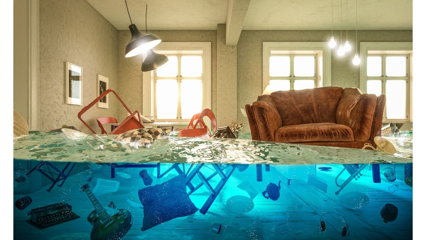 living room flooded after the storm damage