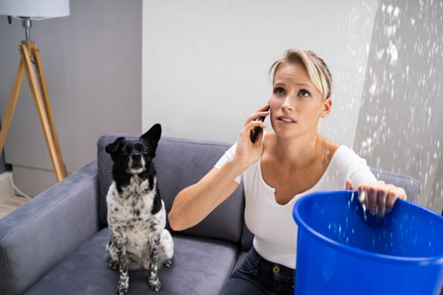 woman holding a water bucket with water dripping from the ceiling