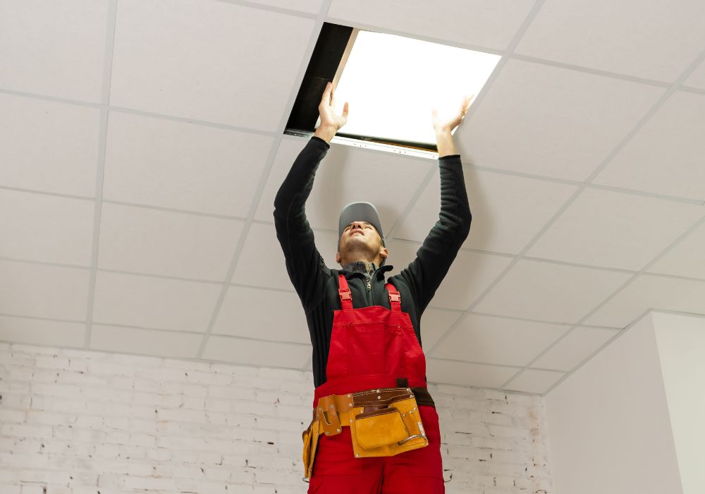 builder replacing ceiling panel - royal oak water damage restoration
