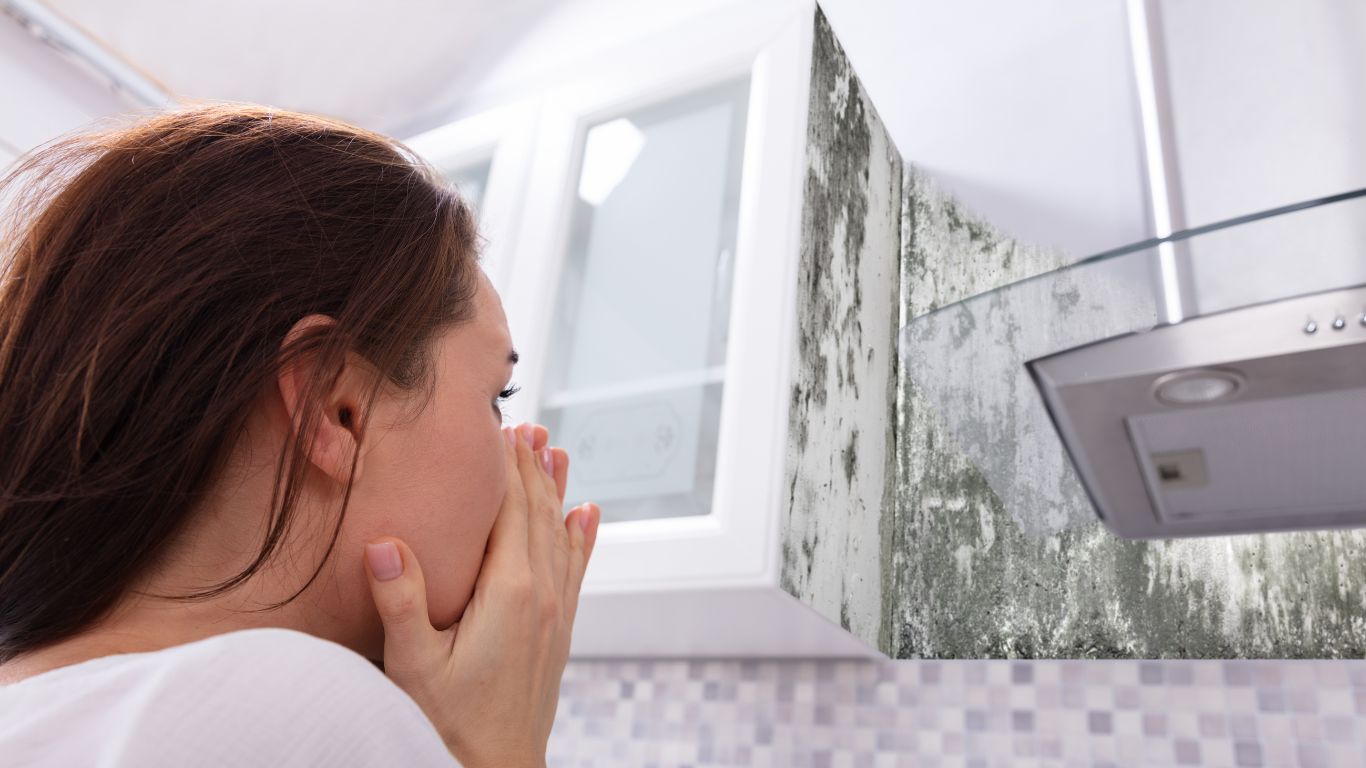 Woman reacts to visible mold growth in kitchen corner, highlighting the difference between mold vs. mildew.