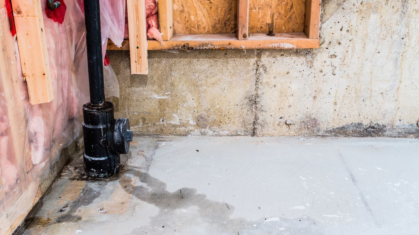 Avoid Soggy Surprises with Expert Leak Detection in Miami Wet basement floor with plumbing system, showcasing expert leak detection in Miami.