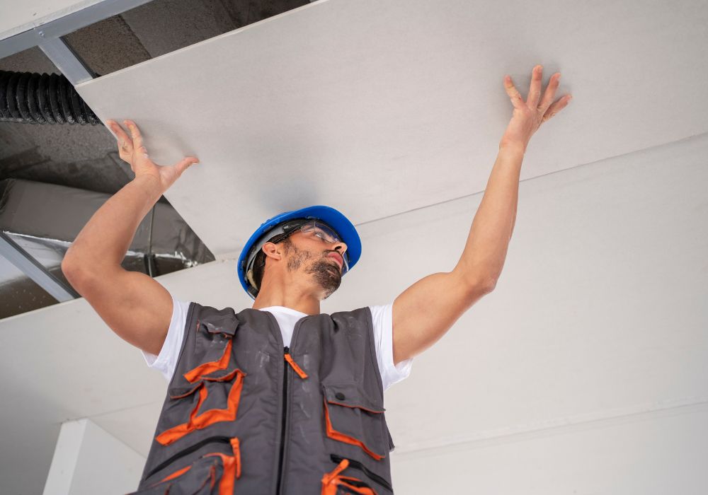 man holding up replacing roof placard - sterling heights water damage restoration
