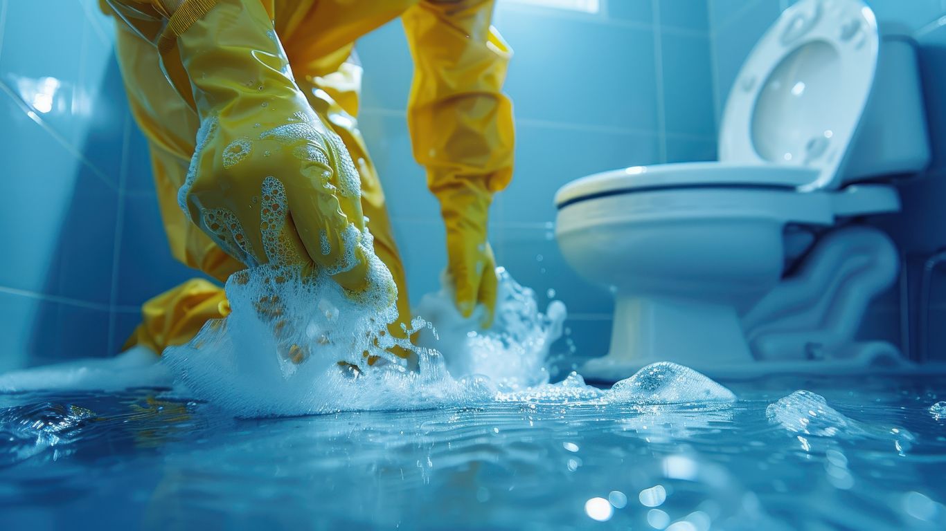 sewage cleanup expert cleaning the overflowed water in the toilet