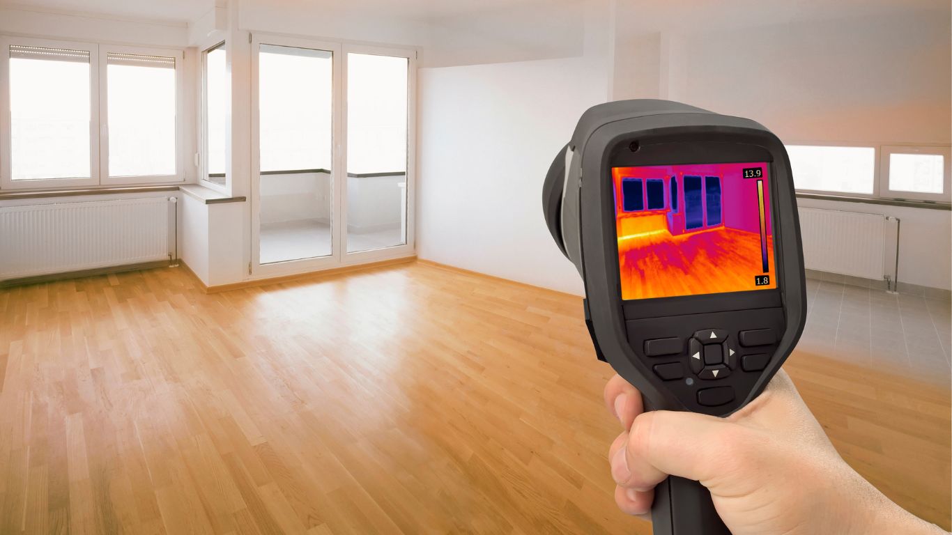 Thermal camera used for leak detection in a modern apartment showing heat loss around windows.
