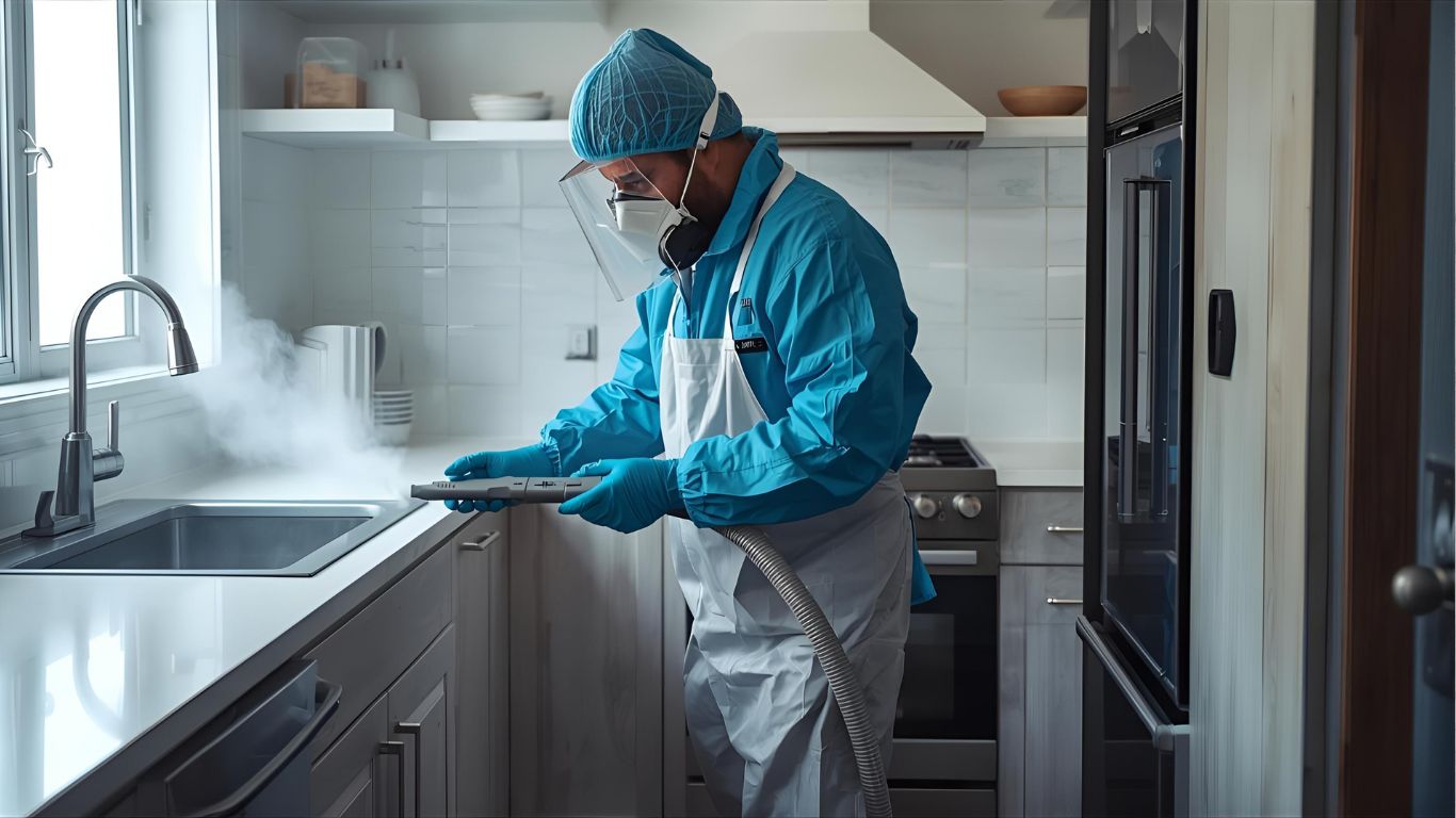 Specialist performing kitchen cleaning and odor removal using advanced equipment.