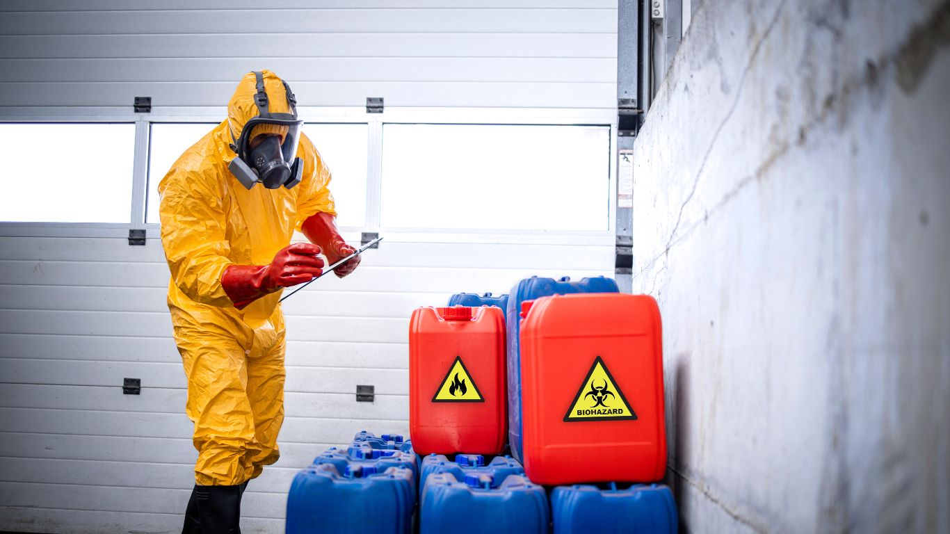 Hazardous material cleanup by a technician in protective gear handling biohazard containers.