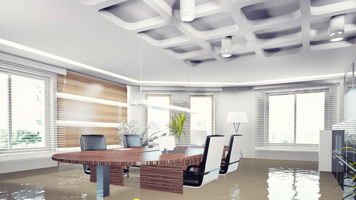Modern office interior restored after water intrusion, showcasing professional commercial restoration services.