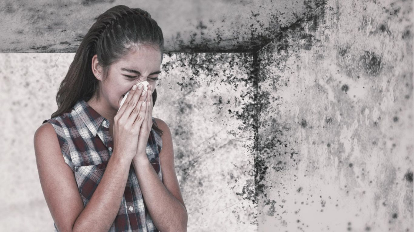 xr:d:DAF_jScyP1k:46,j:6719795272905864023,t:24041210 a woman sneezes, experiencing the health risks of mold present in the background