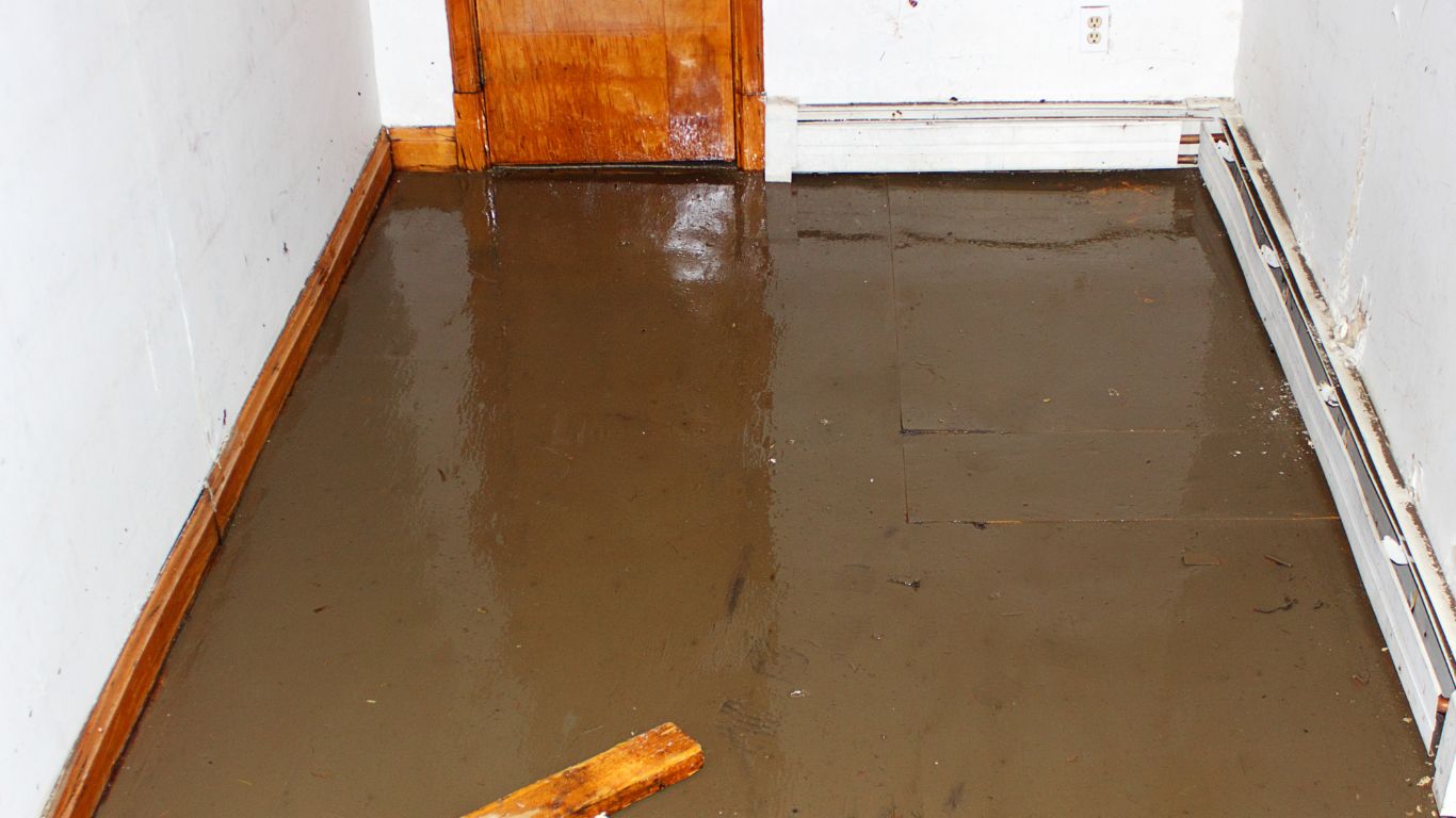 Basement with standing water showing severe flood damage before flood damage restoration.