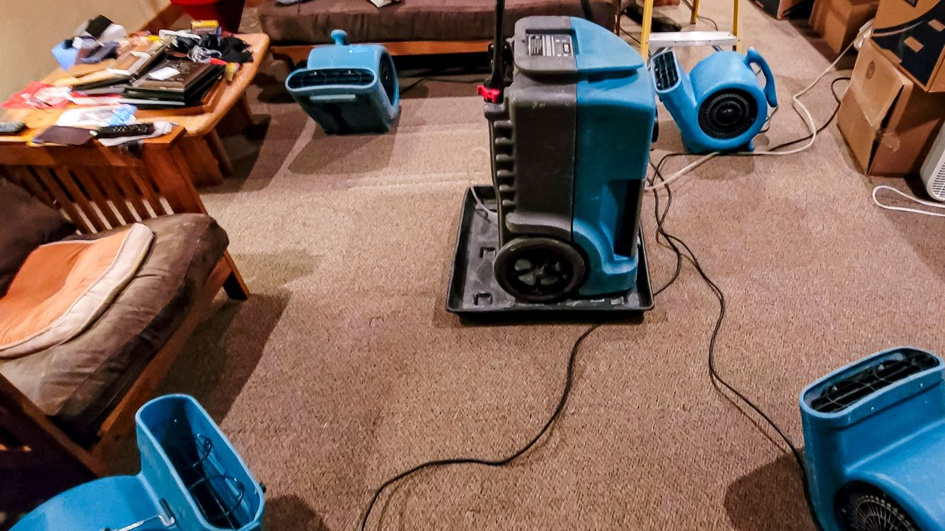 Water extraction equipment drying carpet in a living room during water damage restoration in Delray Beach.
