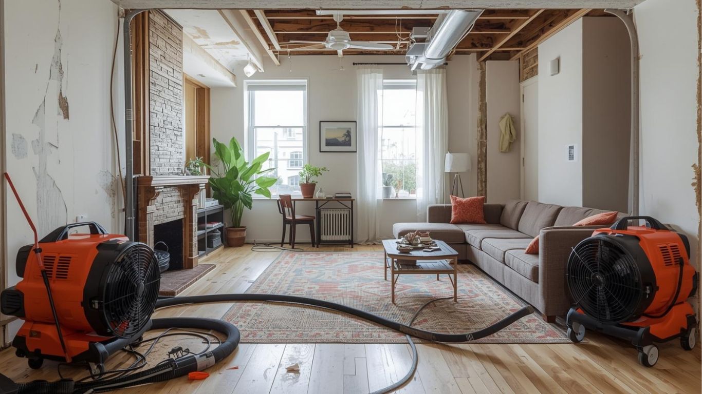 Dehumidifiers set up in a living room for moisture removal during dehumidification services after water damage.