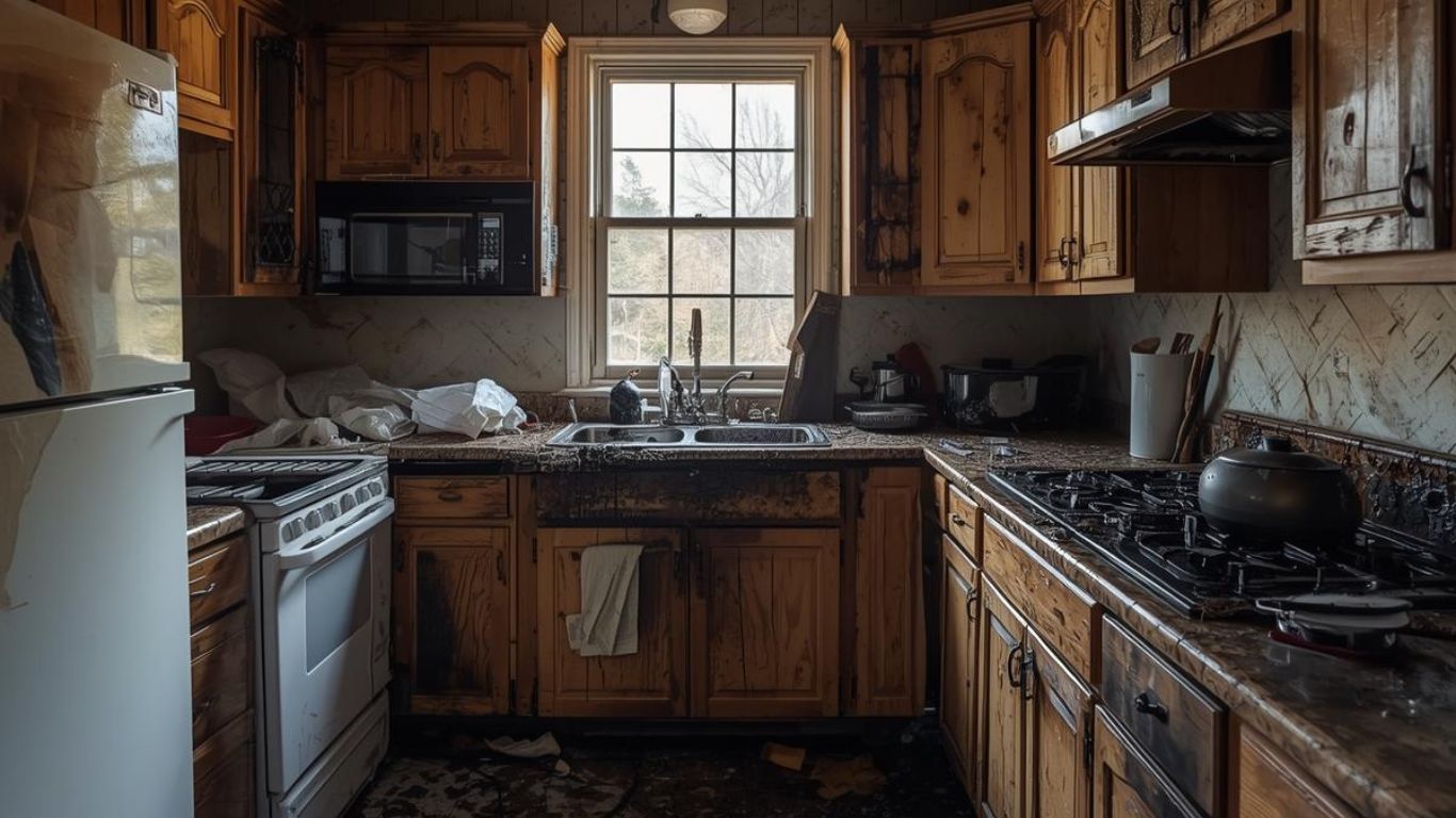 Smoke-stained kitchen requiring professional fire damage restoration after a residential fire.