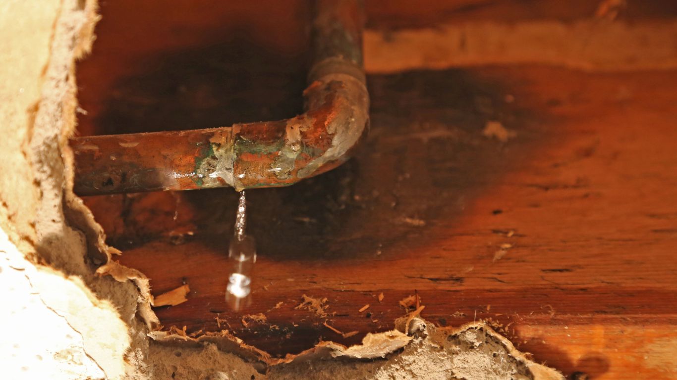 Leak detection services identifying a water leak in a copper pipe causing potential damage.