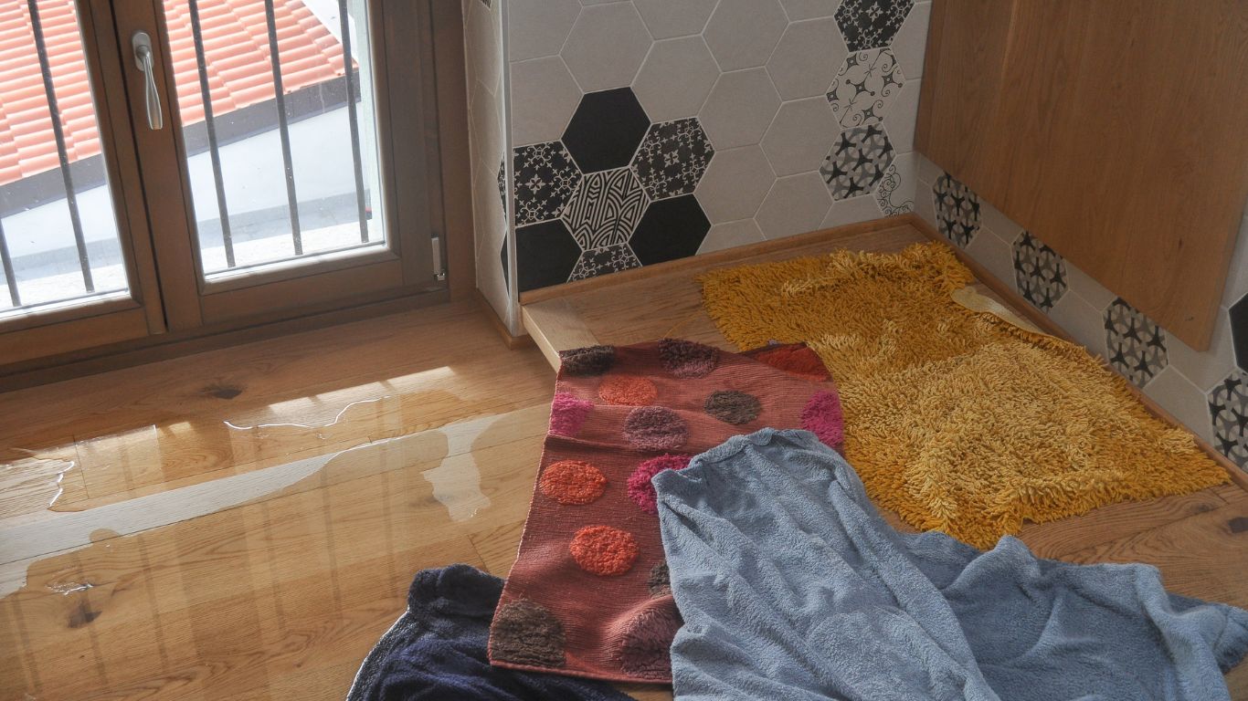 How Water Damage Restoration in Naperville Keeps Your Home Safe Water damage on wooden floor with towels, highlighting water damage restoration in Naperville.