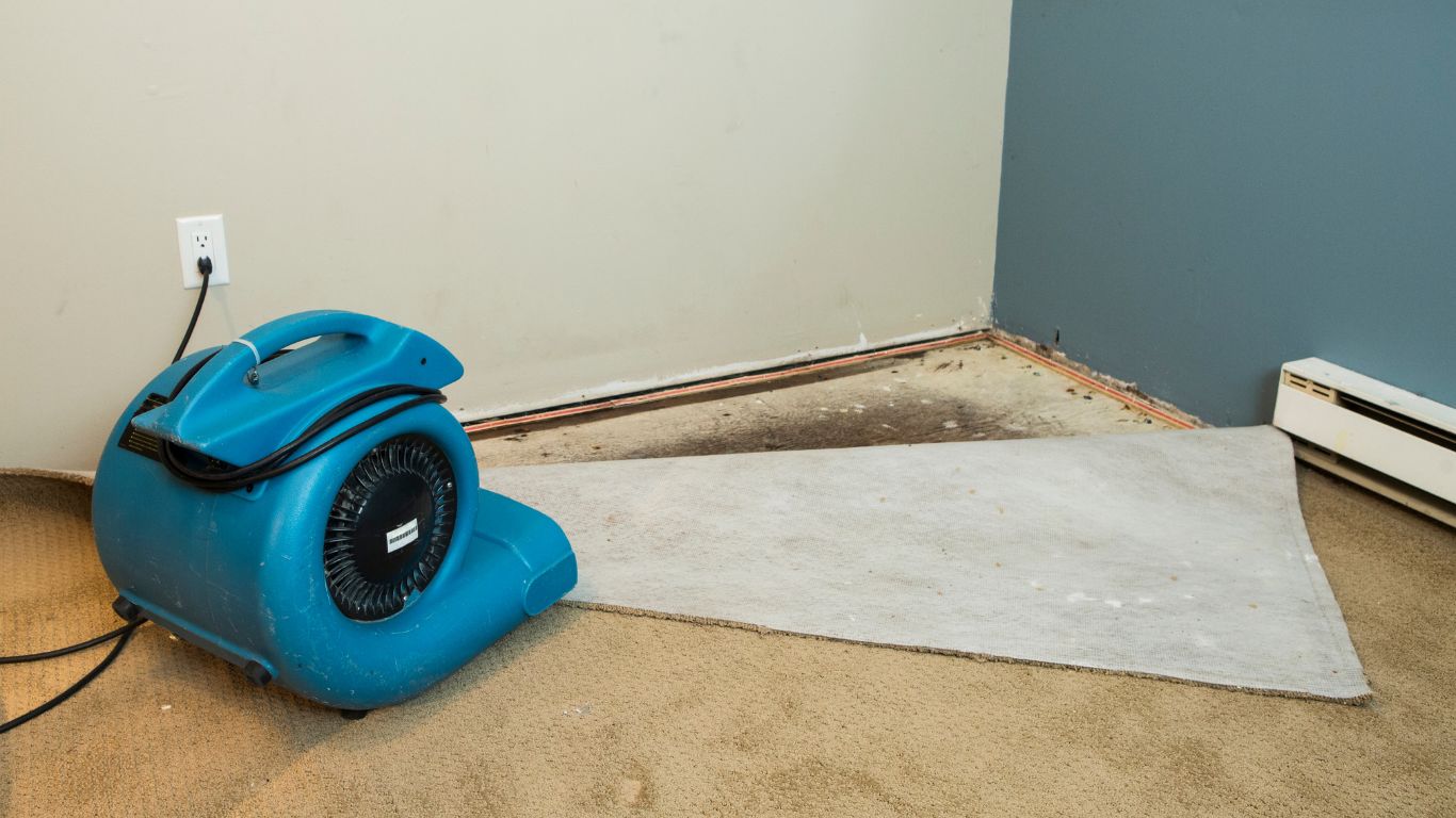 Full Guide for Fast Water Damage Restoration in Downers Air mover drying carpet for water damage restoration in downers.